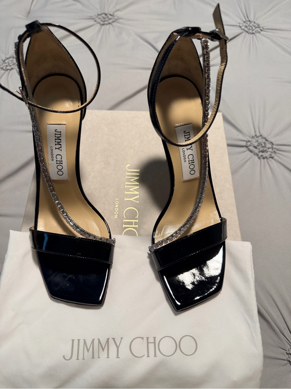 Jimmy Choo Black Patent Ankle-Strap Sandals with Crystal T-strap